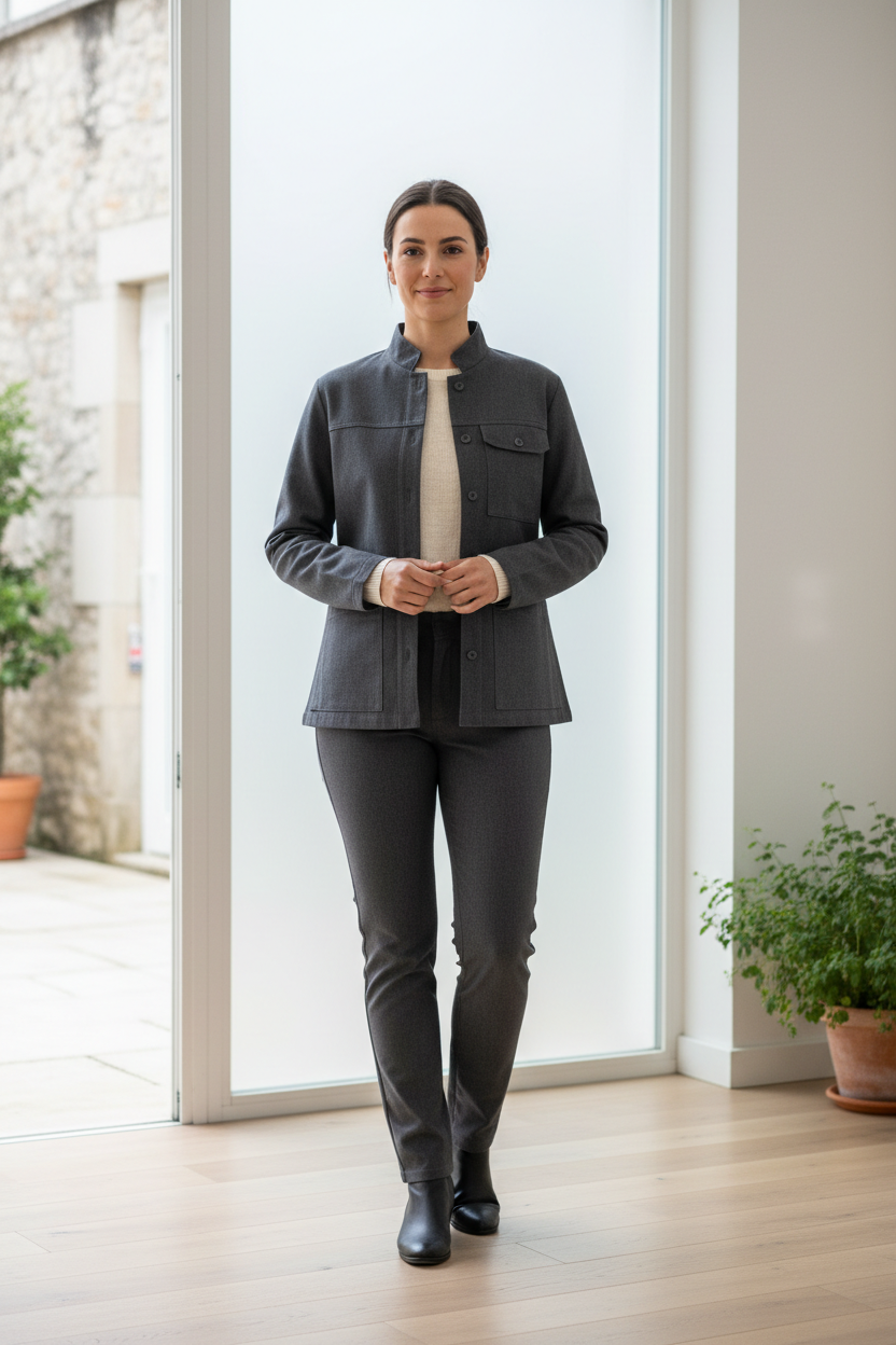 Photographie e-commerce de vêtements professionnels éco-responsables portés,
environnement neutre et lumineux (intérieur clair ou extérieur discret),
posture naturelle, attitude professionnelle,
tenues de travail sobres et fonctionnelles,
fond clair et épuré,
éclairage doux et homogène,
aucun logo visible, aucun texte incrusté,
style catalogue B2B, rendu textile précis, ambiance simple et responsable
