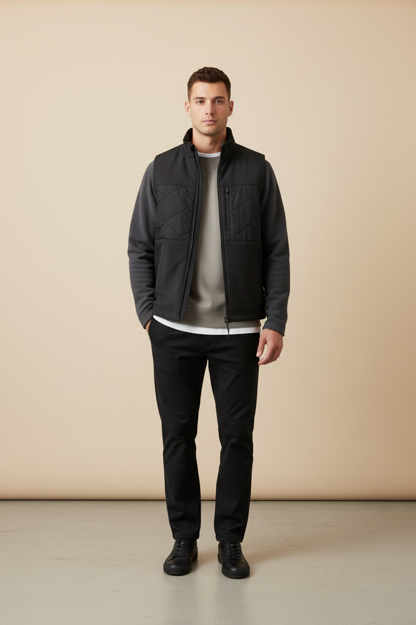 Photographie e-commerce de vêtements professionnels essentiels portés,
environnement neutre et fonctionnel (intérieur clair ou fond uni),
posture simple et naturelle,
tenues de travail sobres et polyvalentes (polaire, sweat, t-shirt, bodywarmer),
fond clair et épuré,
éclairage homogène,
aucun logo visible, aucun texte incrusté,
style catalogue B2B, rendu propre et fonctionnel
