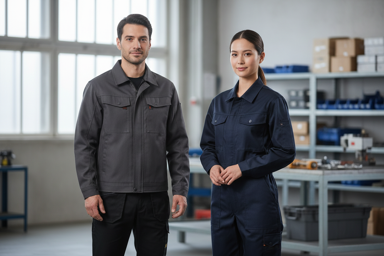 Photographie professionnelle de vêtements de travail portés par deux personnes,
contexte professionnel neutre (extérieur ou intérieur technique),
posture naturelle, attitude professionnelle,
tenues sobres et fonctionnelles,
fond réaliste mais peu chargé,
éclairage naturel diffus,
aucun logo visible, aucun texte incrusté,
style e-commerce B2B, rendu propre et lisible
